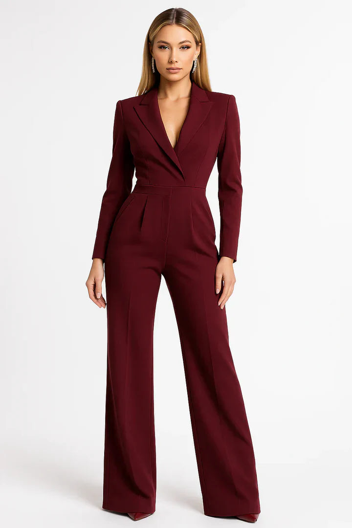 Luxe Blazer Jumpsuit met V-Hals & Wide-Leg Pasvorm